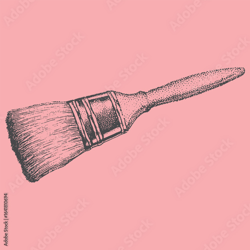 Brush with bristles and handle in classic vintage ink style. Monochrome vector illustration on a pink background.