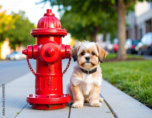 Fototapeta Naklejka Na Ścianę i Meble -  Small fluffy dog sits beside a red fire hydrant on a city sidewalk