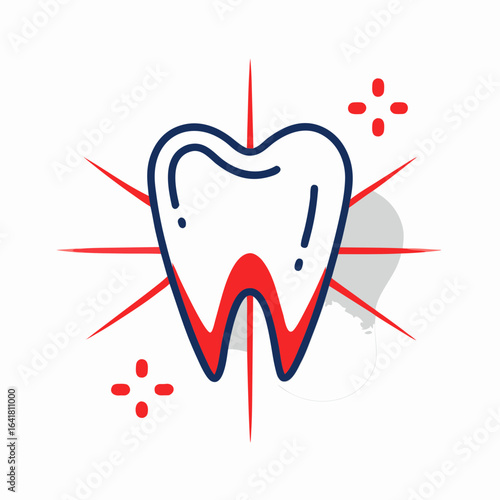 Minimalistic Vector Tooth with Red Pain Glow and Abstract Pain Lines on White Background