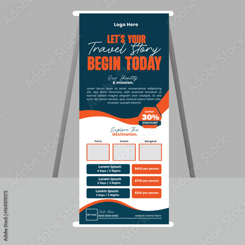 Travel Roll-Up Banner Design template design. rollup banner design vector template for advertising Travel agency. Standard roll up x-banner, holiday x-stand banner. Company tours vacation exhibition.