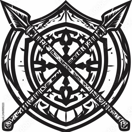 Black and white graphic design of crossed spears or lances on a shield