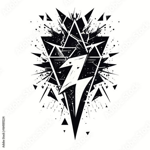 Black and white geometric design featuring a lightning bolt within triangles, splatters, and sharp edges on a white background