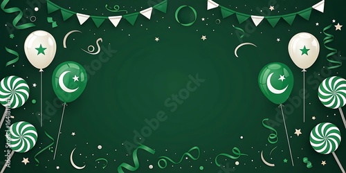 Pakistan Independence Day Festive Background: 14th August Celebration with Balloons, Flags, and Confetti