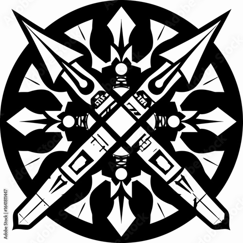 Black and white stylized geometric design, comprised of crossed spear-like elements within a circular border, with intricate details and symmetry