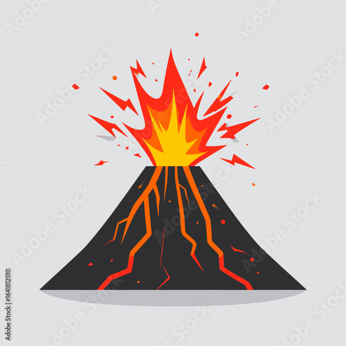 Cartoon illustration of a volcanic eruption. A dark cone erupts with orange lava and flames. Red bursts spread around