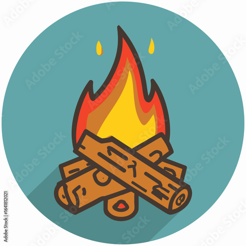 Cartoon illustration of a campfire, featuring stylized flames above crossed logs, set within a turquoise circle with drops