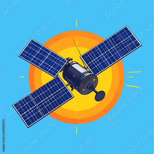 Cartoon satellite in space with solar panels