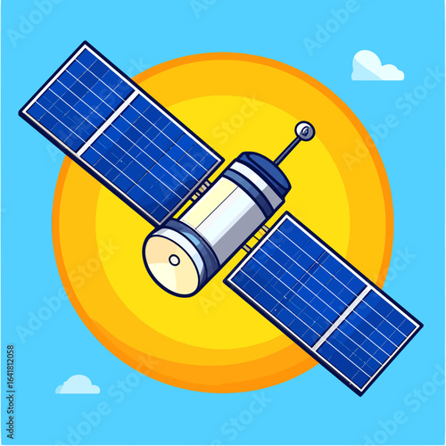 Cartoon satellite with solar panels in front of a sun