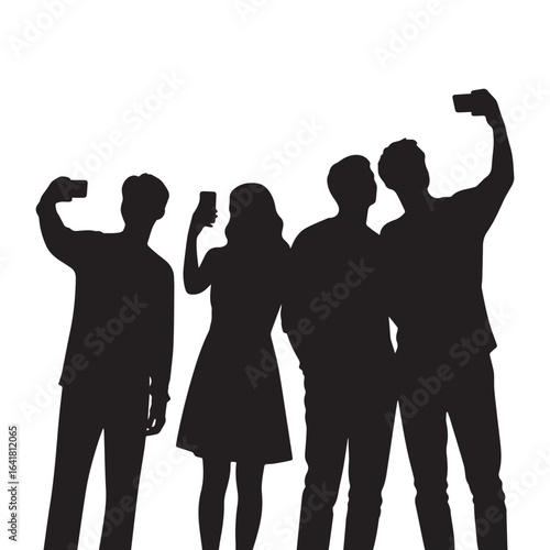 A black and white silhouette illustration of five people taking selfies white background. 