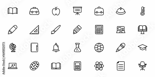 Minimalist Education and Academic Icon Collection – Line Art Books, Study Tools, and Learning Symbols for Modern Design and Branding

