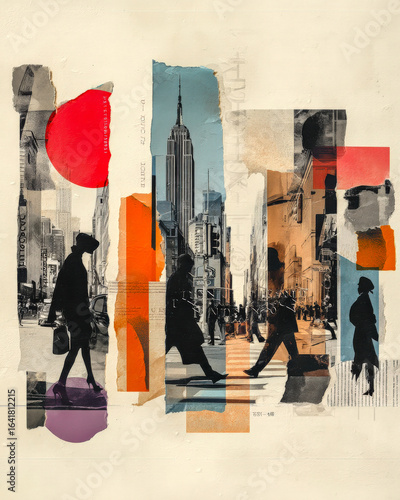 Collage poster featuring architectural fragments, walking figures, and city silhouettes. Minimalist design with torn textures, bold type, and muted tones inspired by mid-century fashion editorial styl