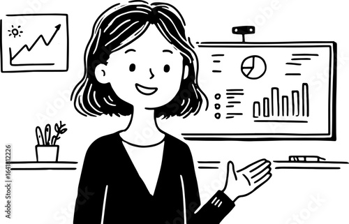 Business woman gives a presentation with data charts and analysis on a screen. Simple black and white vector illustration.