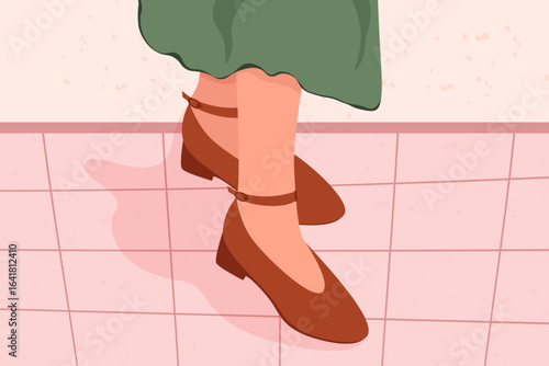 Woman feet wear stylish shoes. Female fashionable footwear, trendy elegant footgear with little heel sole, legs in stylish Mary Jane leather pump shoes. Vector flat illustration