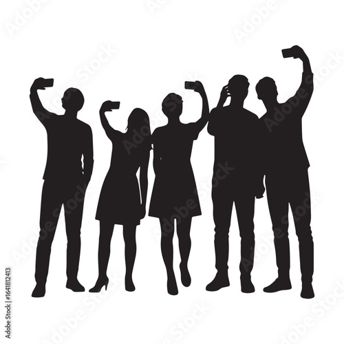 A black and white silhouette illustration of five people taking selfies white background. 