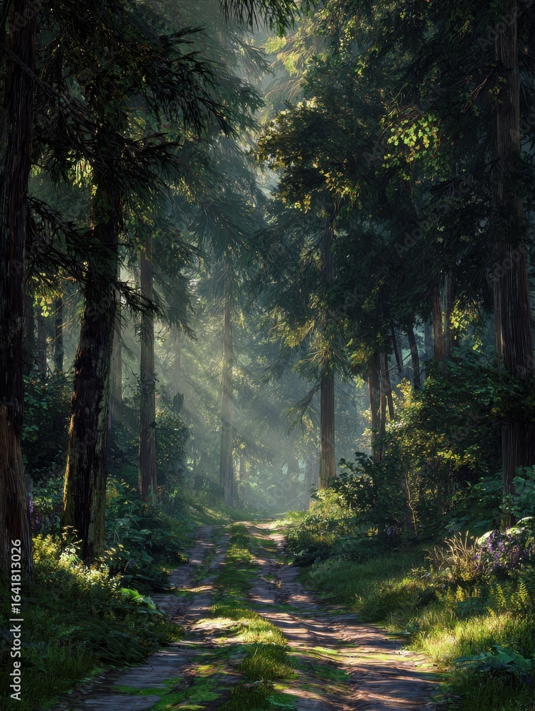 Obraz premium a beautiful forest road with the sun shining through the trees casting light and shadow upon it