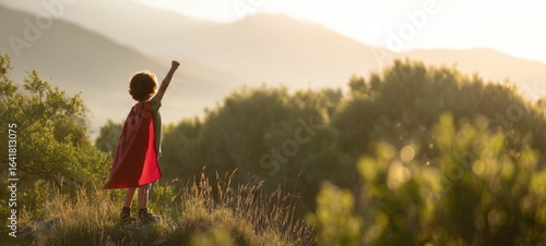 The child in a red cape standing triumphantly against a beautiful sunset.