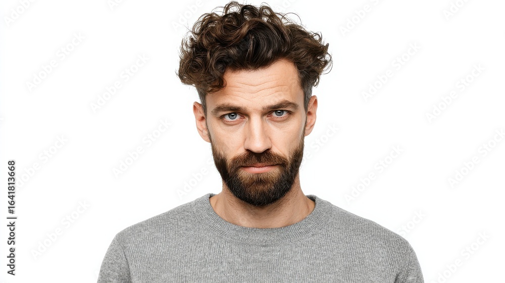 Fototapeta premium isolated shot of young handsome male with beard mustache and trendy hairdo wears casual grey sweater has serious expression as listens to interlocutor poses in studio against white background no logo