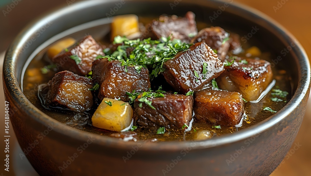 Tender beef chunks slowly cooked with potatoes and fresh herbs in rich brown gravy, served in rustic ceramic bowl, close up view of homemade stew. Tender beef chunks slowly cooked with potatoes and fresh herbs in rich brown gravy, served in rustic ceramic bowl, close up view of homemade stew.
