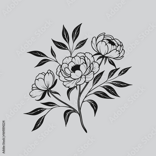 Black and White Flower with Leaves Design