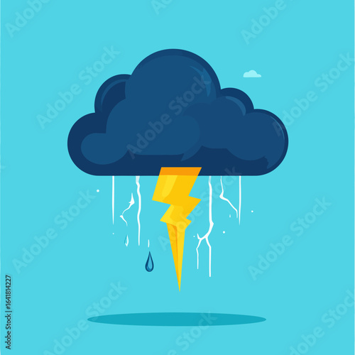 Dark cloud with a bright lightning bolt and rain drops