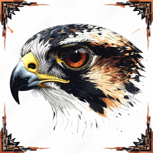 Detailed watercolor illustration of a raptor's head, featuring vibrant colors and intricate feather details, with a decorative border