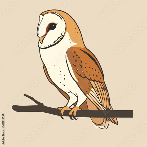 Digital illustration of a barn owl perched on a branch. The owl has white and brown plumage, with a distinctive facial disc