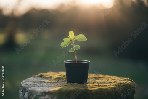 Young sapling growing in a pot on a mossy stump outdoors