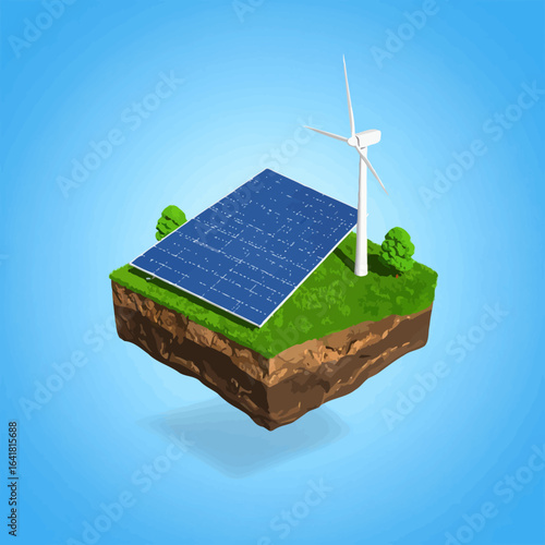 Floating island with solar panel and wind turbine