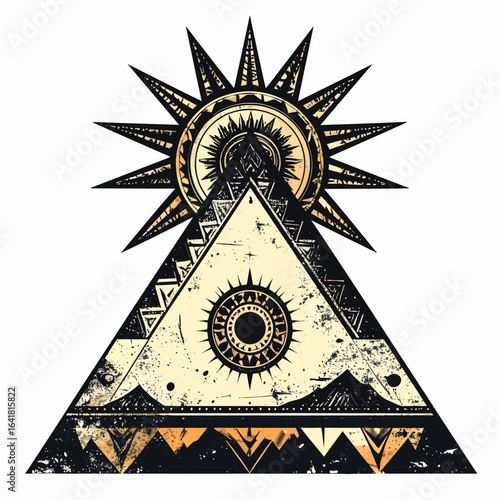 Geometric graphic design of a stylized pyramid with sunburst