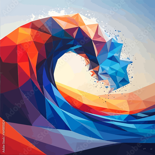 Geometric wave illustration in vibrant colors, with triangular facets and a dynamic, abstract composition