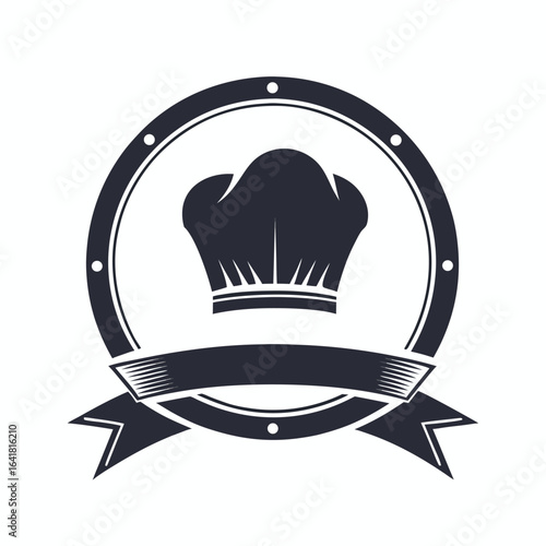 Chef hat is featured in a dark badge with banner and a white background