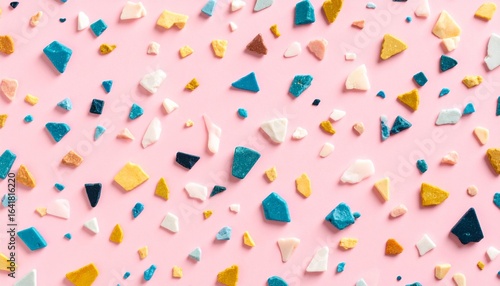 Colorful terrazzo pattern on pink background.