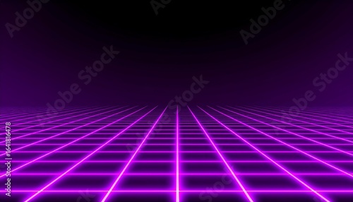 Futuristic neon grid background with dark sky.