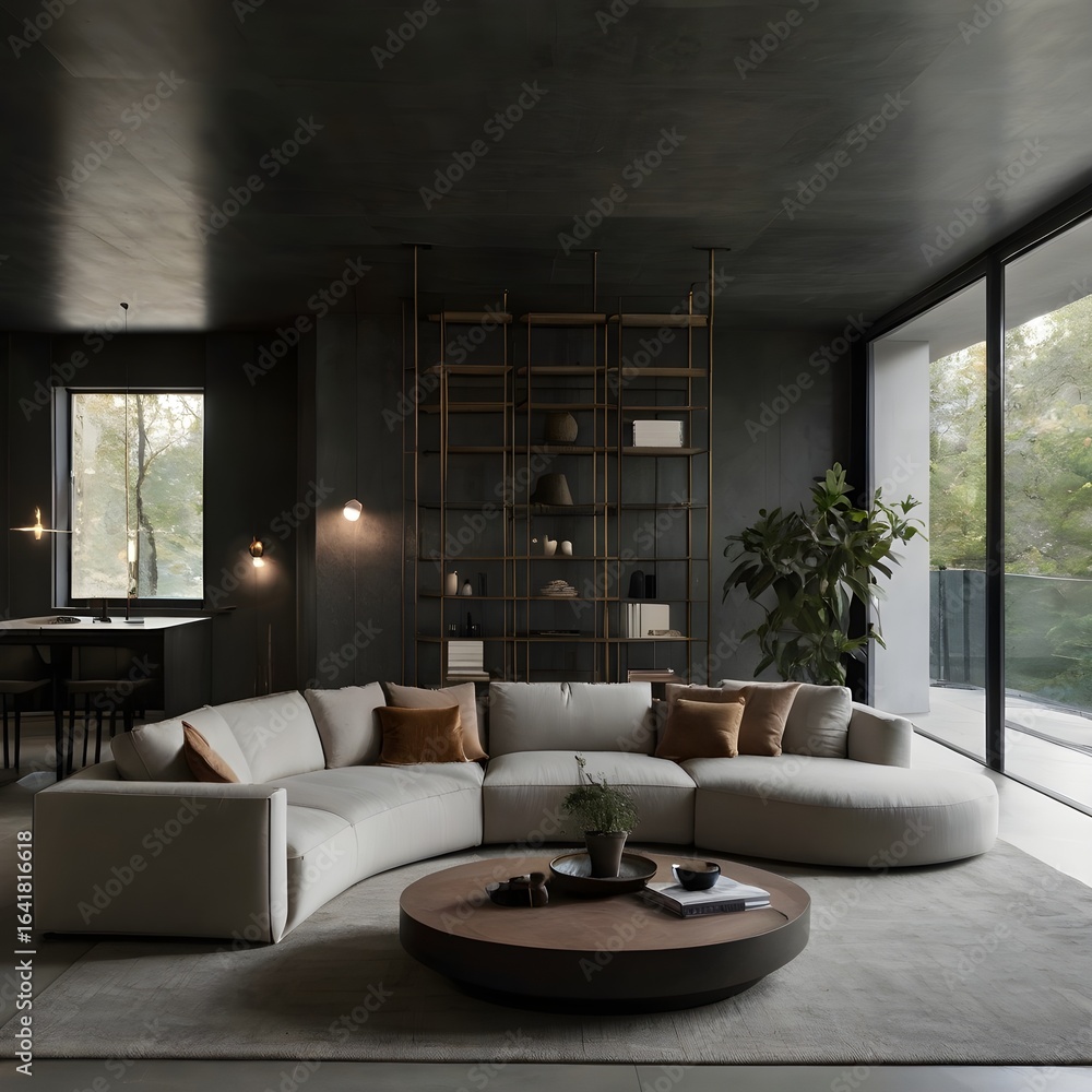 Fototapeta premium Modern minimalist living room interior with curved white sofa and large windows