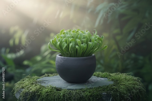 Vibrant green sprout in a dark pot on a mossy surface