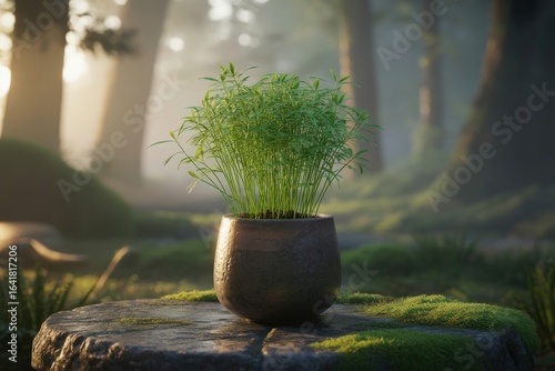 Small green plant in a dark pot on a mossy rock in a forest