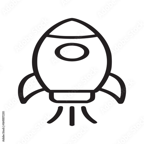 A simple line drawing of a rocket ship with flames blasting out from the bottom on a white background