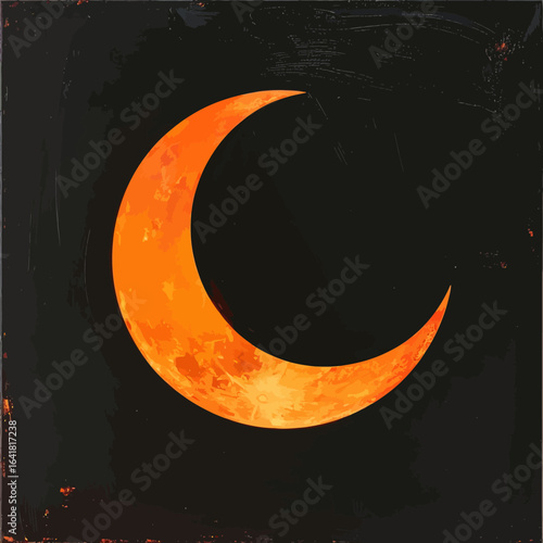 Orange crescent moon against a dark night sky with texture