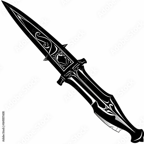 Ornate dagger, black and white, detailed design