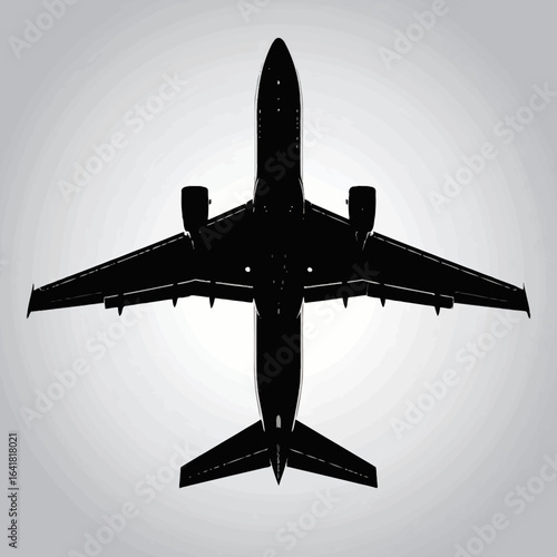 Overhead, silhouetted view of an aircraft, wings spread, engines visible, tail pointing down, set against a gradient background