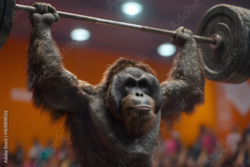 An orangutan doing weightlifting.