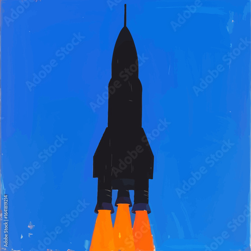 Silhouette of a rocket launching into a vibrant blue sky