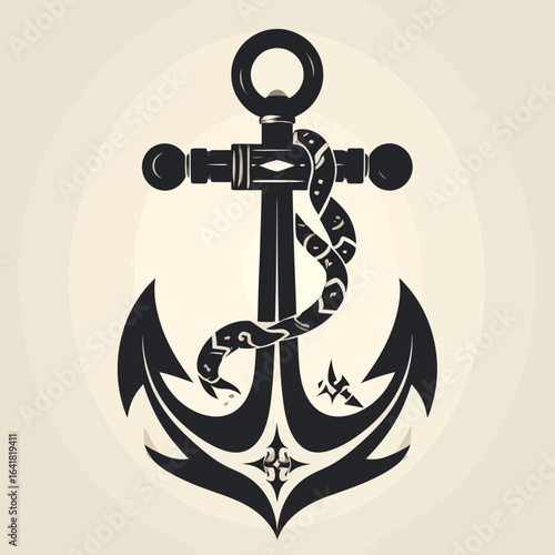 Silhouette of a stylized anchor with a coiled, decorative element. Set against a radial beige background
