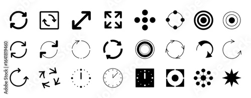 Circular arrows expanding arrows clock faces and geometric shapes time