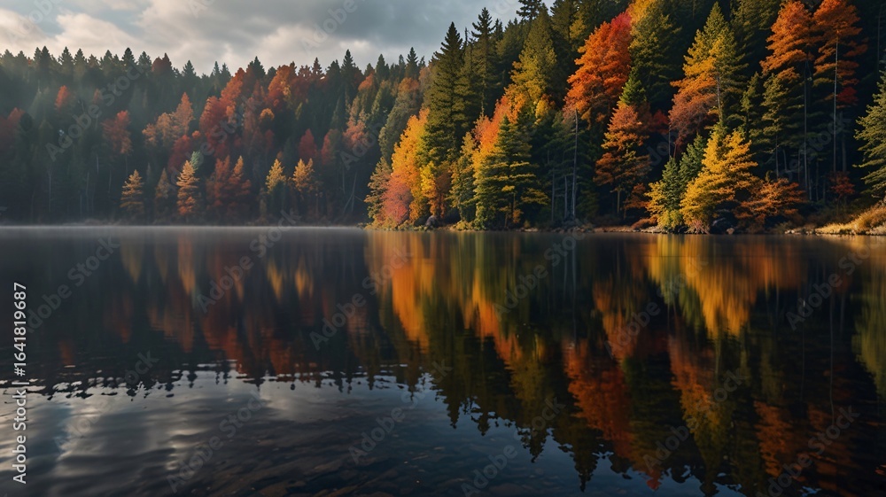 Naklejka premium Autumn Lake with Misty Forest and Vibrant Foliage Reflections V1