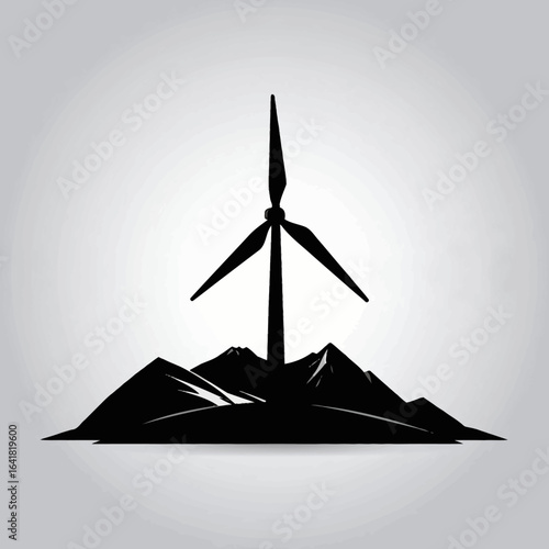 Silhouette of wind turbine atop mountains, black on gradient grey background. Rough brushstrokes create a textured, artistic feel