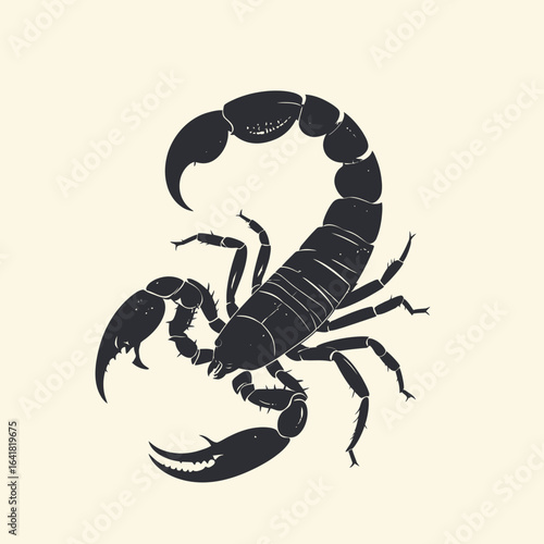 Silhouetted dark scorpion on a cream background. The arachnid curves its tail, has large claws, and segmented body