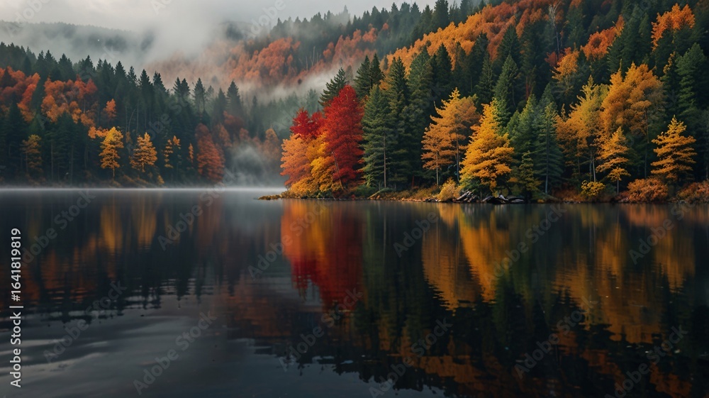 Fototapeta premium Autumn Lake with Misty Forest and Vibrant Foliage Reflections V5