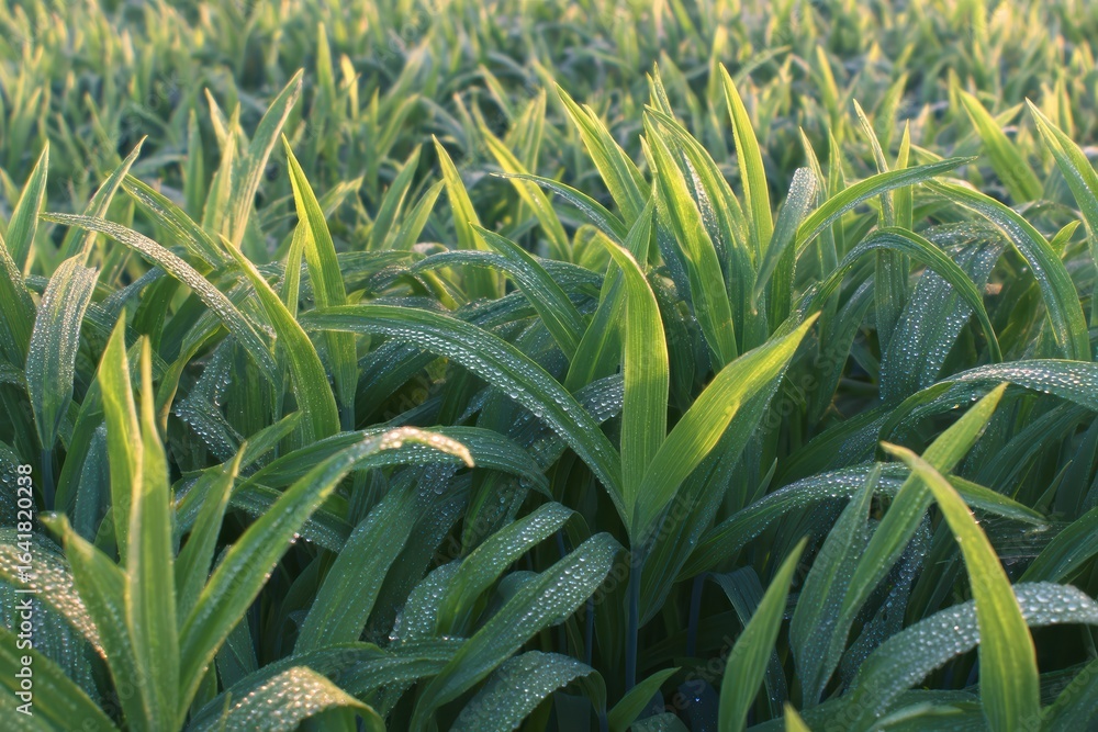 Obraz premium Green field of tall grass with morning dew drops glistening in soft sunlight, symbolizing freshness, growth, and natural beauty