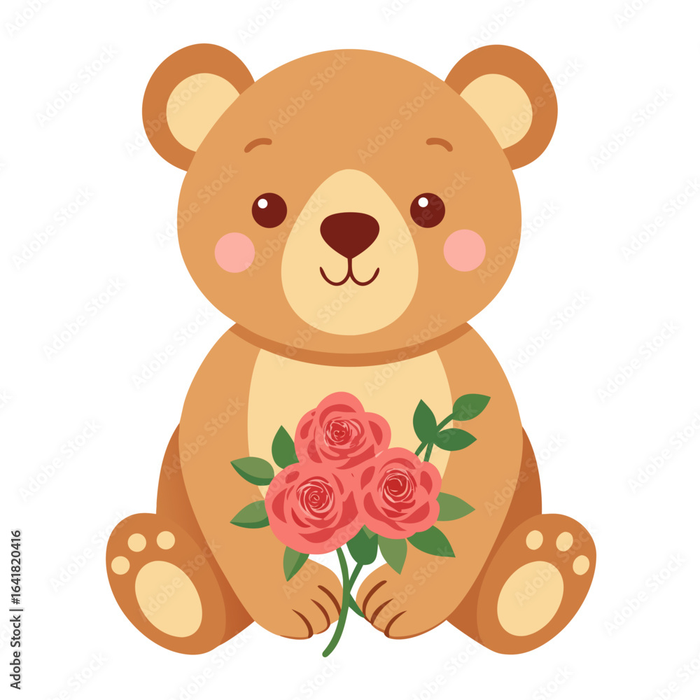 Fototapeta premium Playful teddy bear with bouquet of roses vector illustration